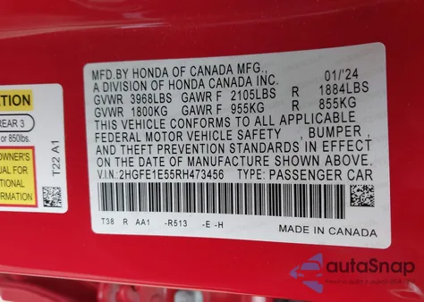 2024 Honda Civic Si Sedan z USA, uszkodzony, nr VIN 2HGFE1E55RH473456